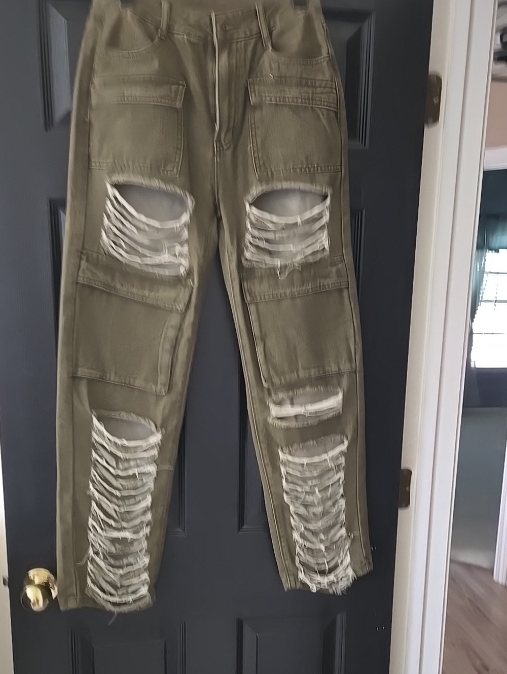 Olive Green Distressed Cargo Jeans with Ripped Knee Panels